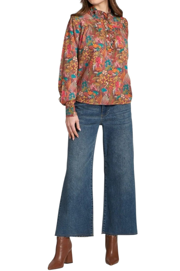 APNY Wine Jungle Pattern Ruffle Half Placket Blouse