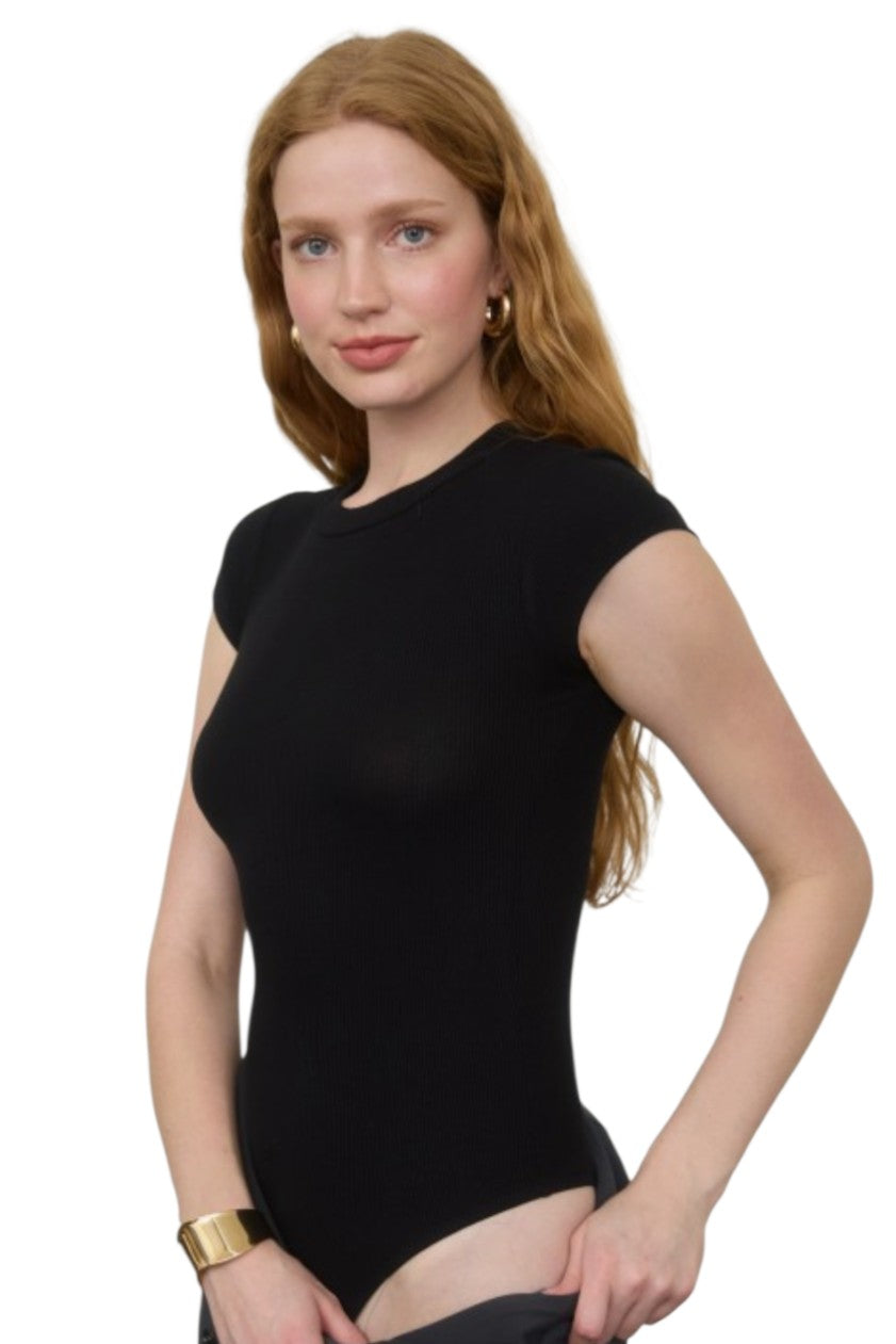 Black Round Neck Short Sleeve Knit Bodysuit