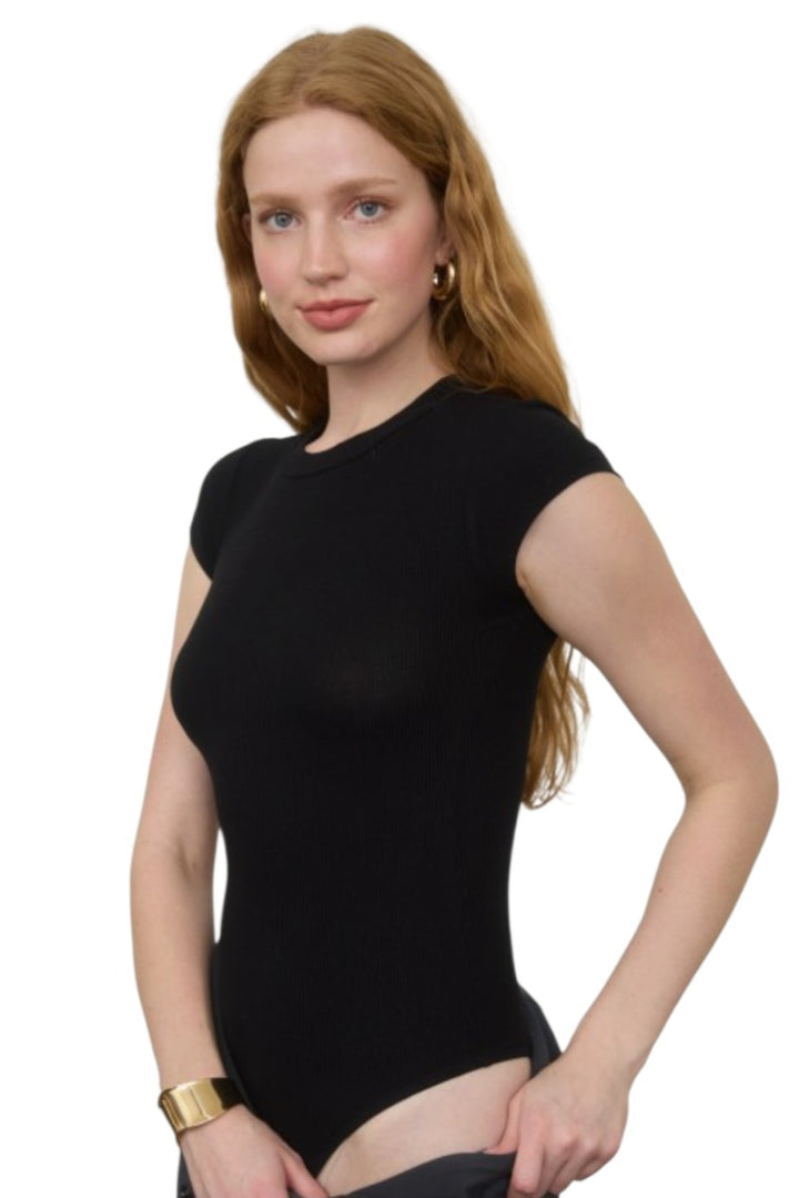Black Round Neck Short Sleeve Knit Bodysuit