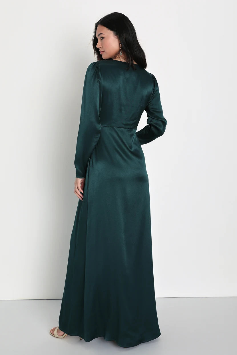 Lulus Emerald Green Satin Long Sleeve Maxi Dress
