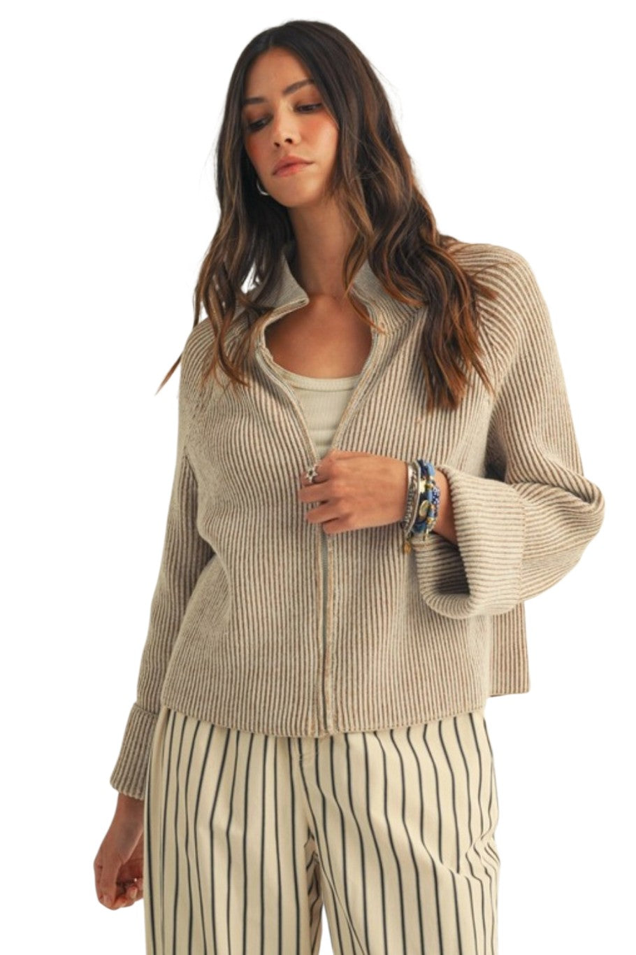 Petrified Wood Relaxed Knit Zipper Cardigan