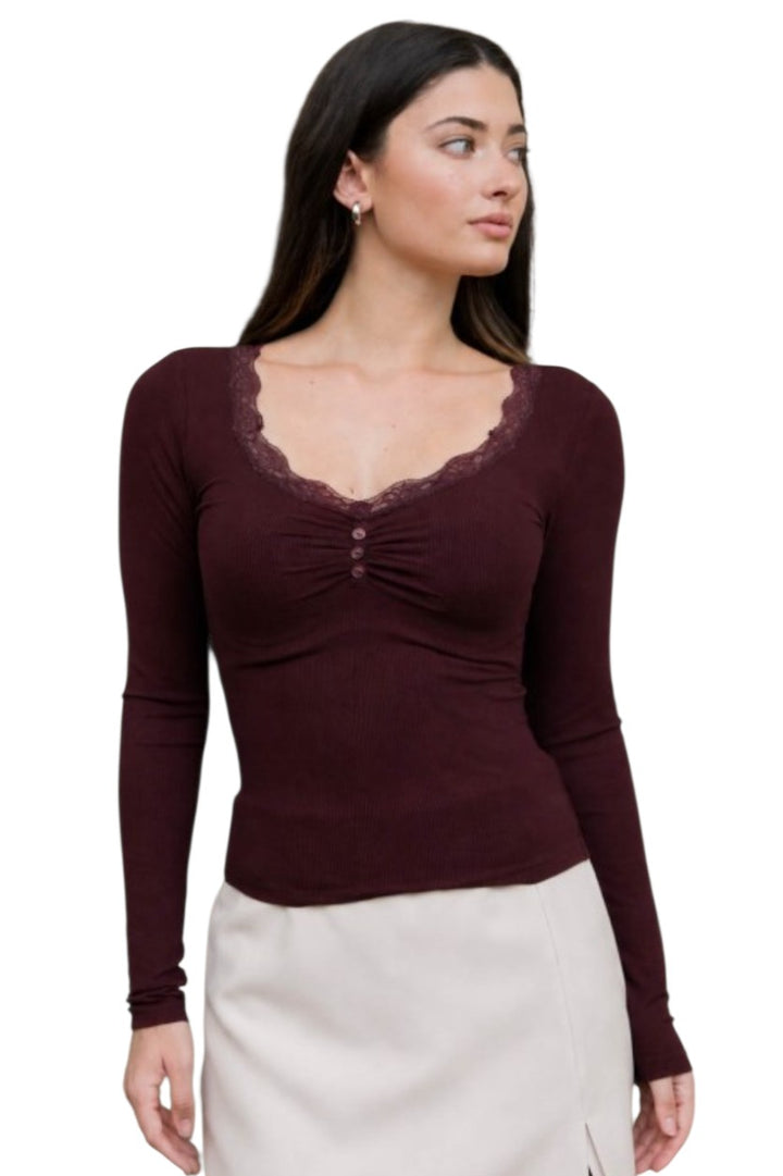 Oxblood V Neck Lace Trim Long Sleeve Knit Top