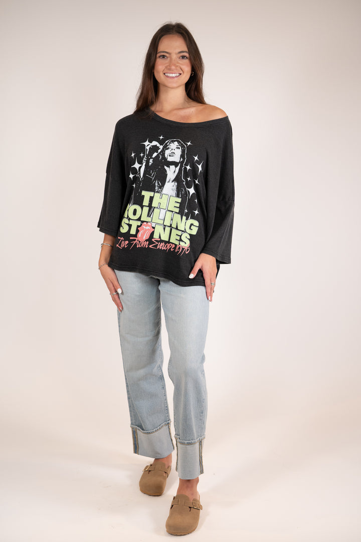 Rolling Stones Europe 1976 Tour Distressed Black Oversized Graphic Tee