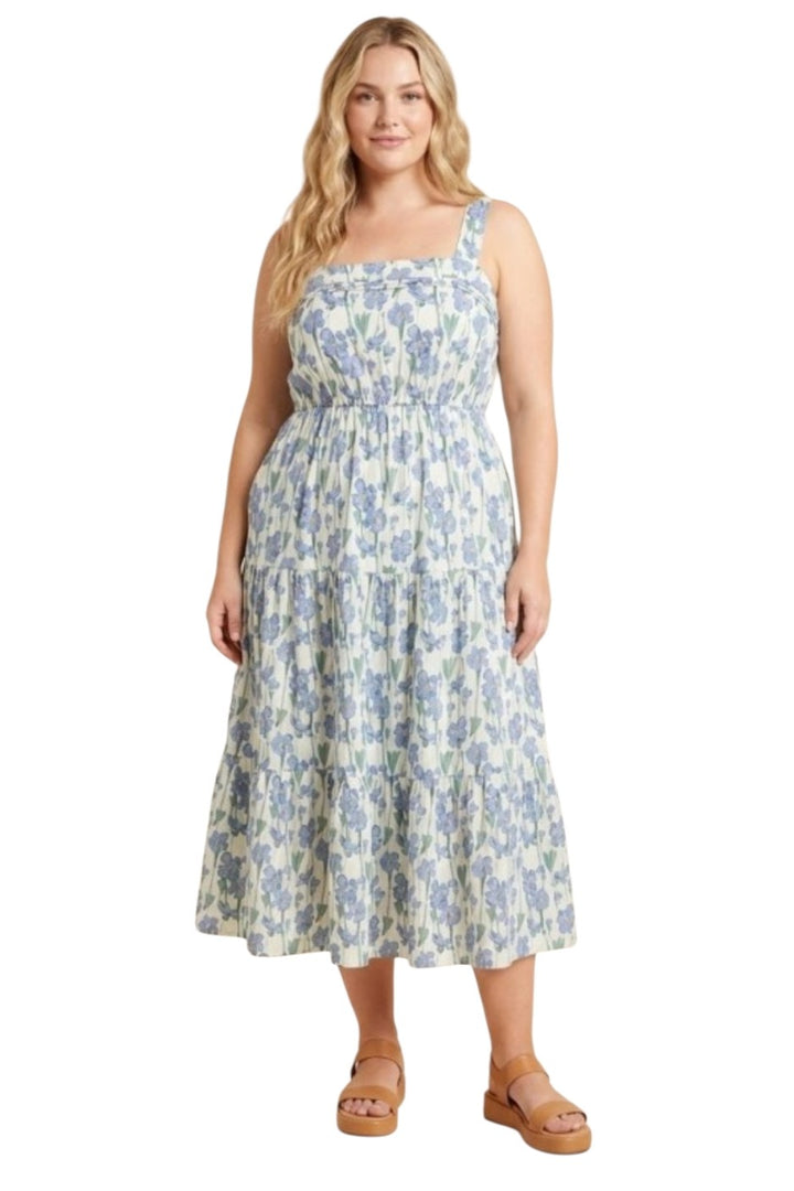 Blue Floral Pleated Poplin Midi Dress