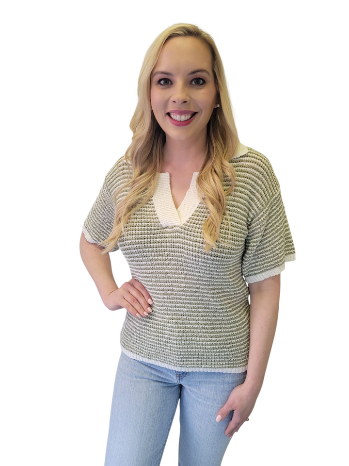 Sage Green Striped Boucle Lightweight Collared Polo Top Sweater