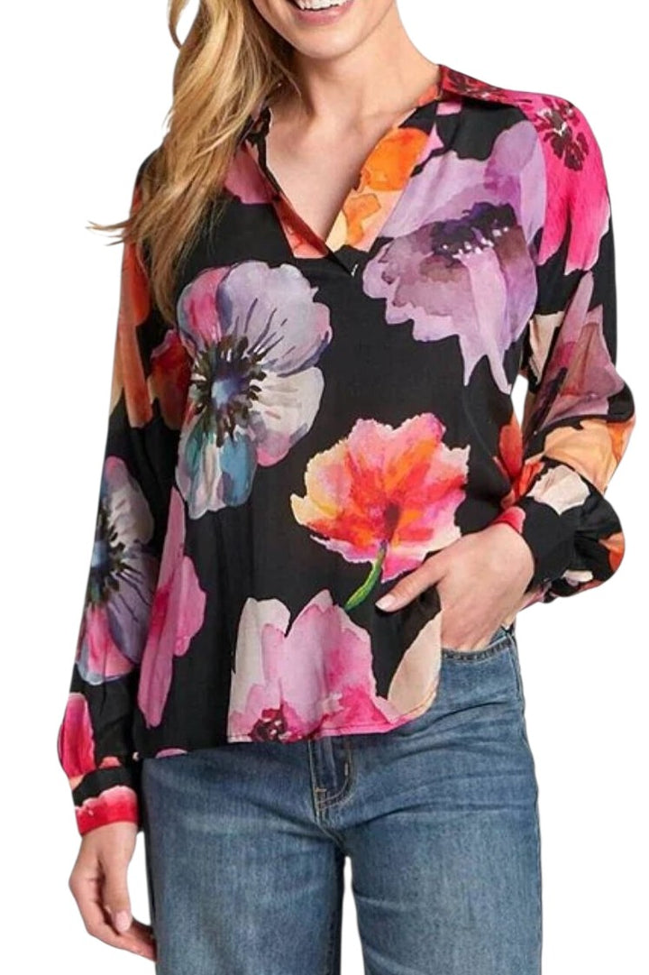 APNY Bright Pink Bold Floral Half Placket Pullover Blouse