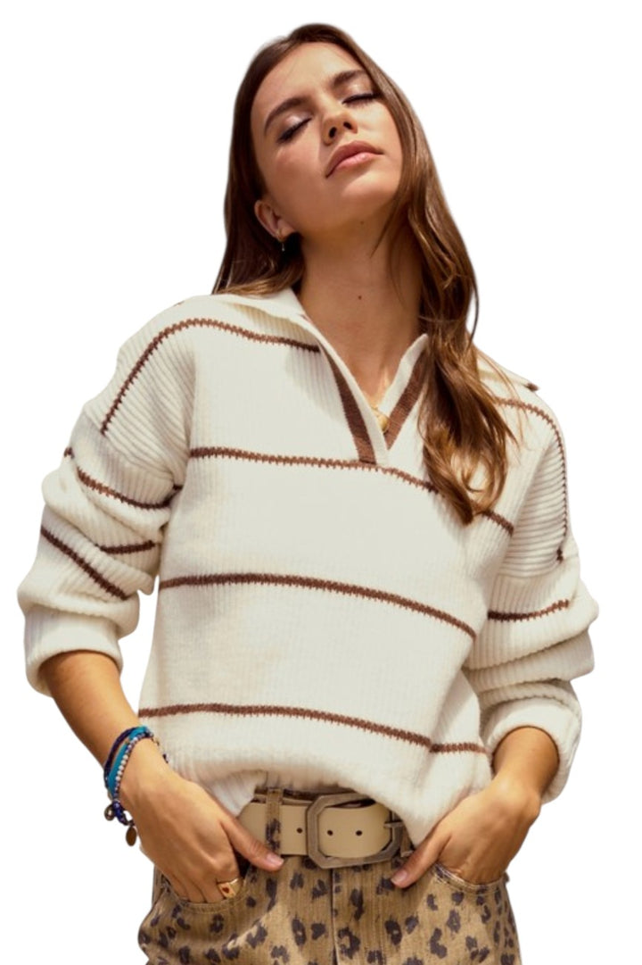 Latte & Ivory Stripe Collared Pullover Sweater
