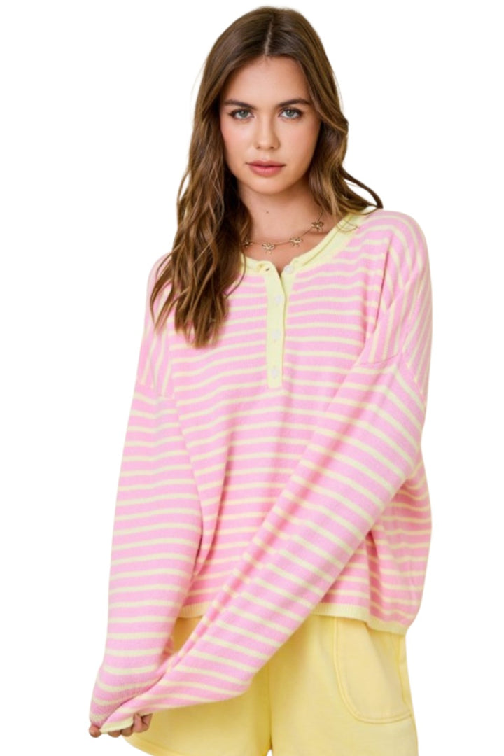 Pink Lemononade Striped Henley Long Sleeve Top