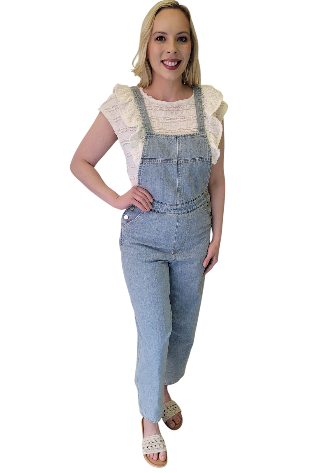 Light Washed Denim Button Strap Overalls
