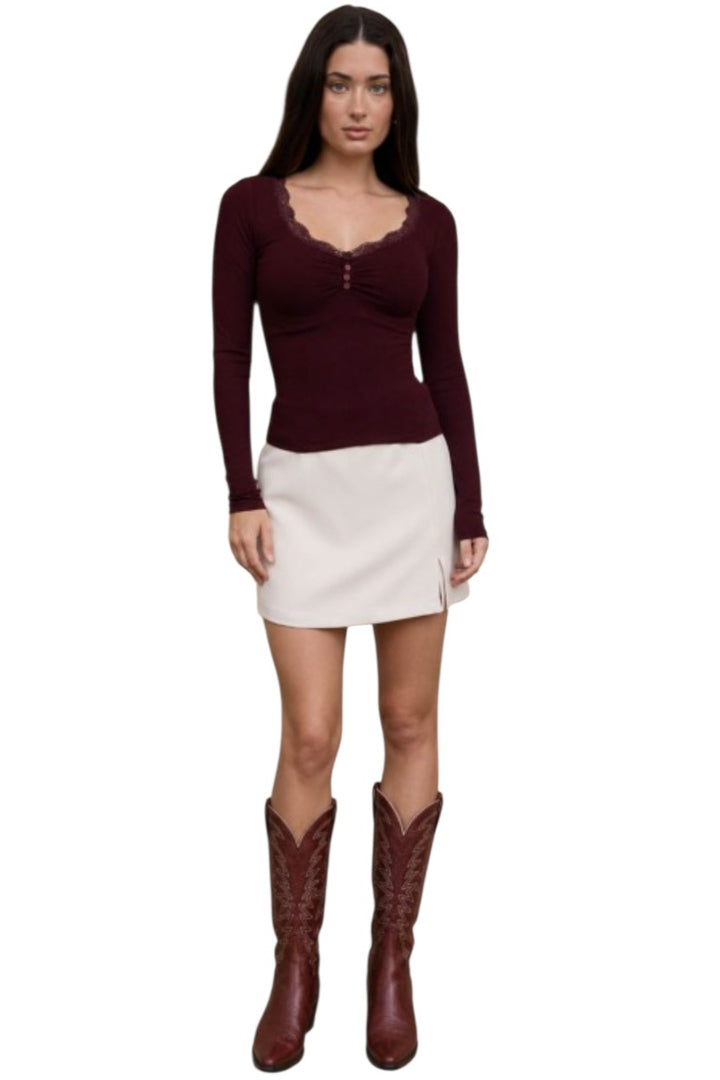 Oxblood V Neck Lace Trim Long Sleeve Knit Top