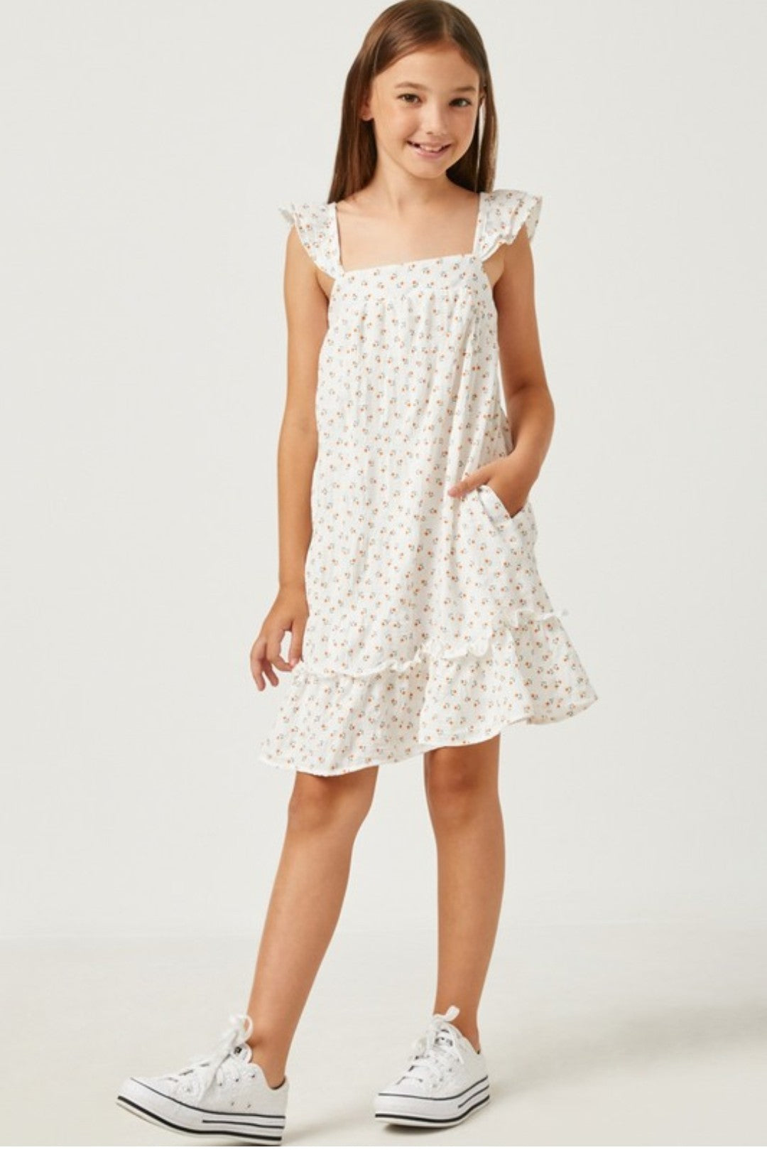 Girls Orange Floral Flutter Shoulder Ruffle Hem Dress