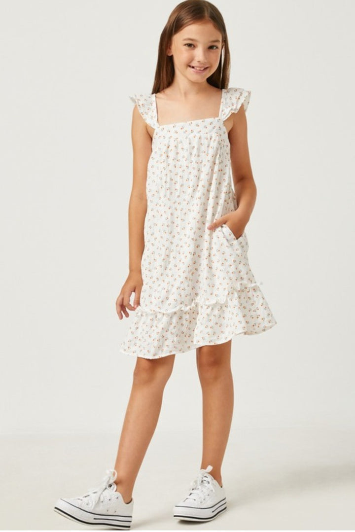 Girls Orange Floral Flutter Shoulder Ruffle Hem Dress