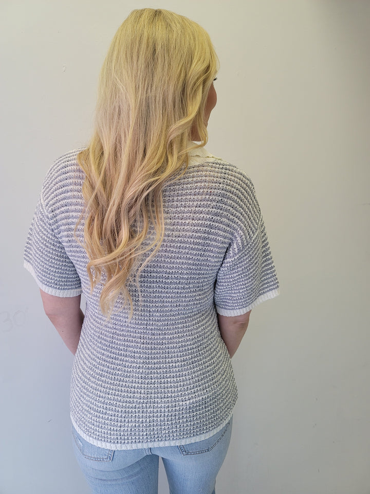 Dusty Blue Striped Boucle Lightweight Collared Polo Top Sweater