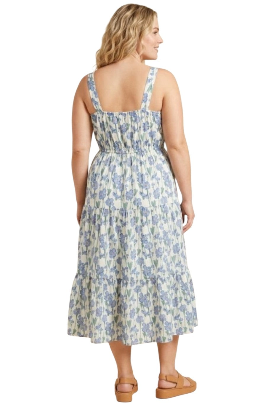 Blue Floral Pleated Poplin Midi Dress