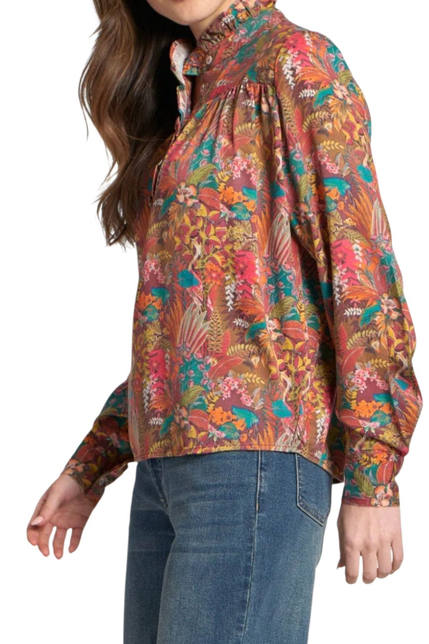 APNY Wine Jungle Pattern Ruffle Half Placket Blouse