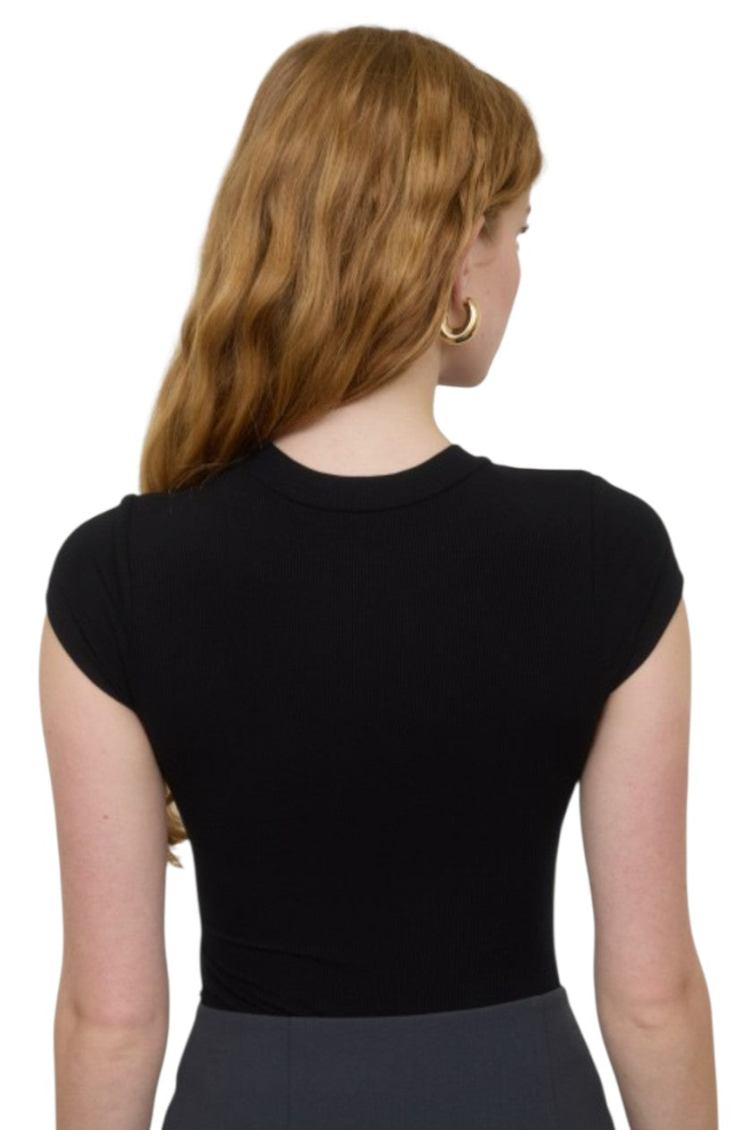 Black Round Neck Short Sleeve Knit Bodysuit