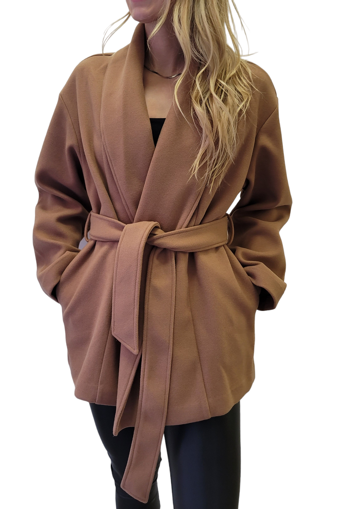 Camel shawl collar wrap coat shop
