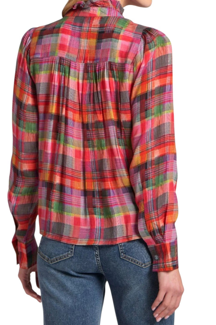 APNY Pink Multi Plaid Ruffle Top Shirt