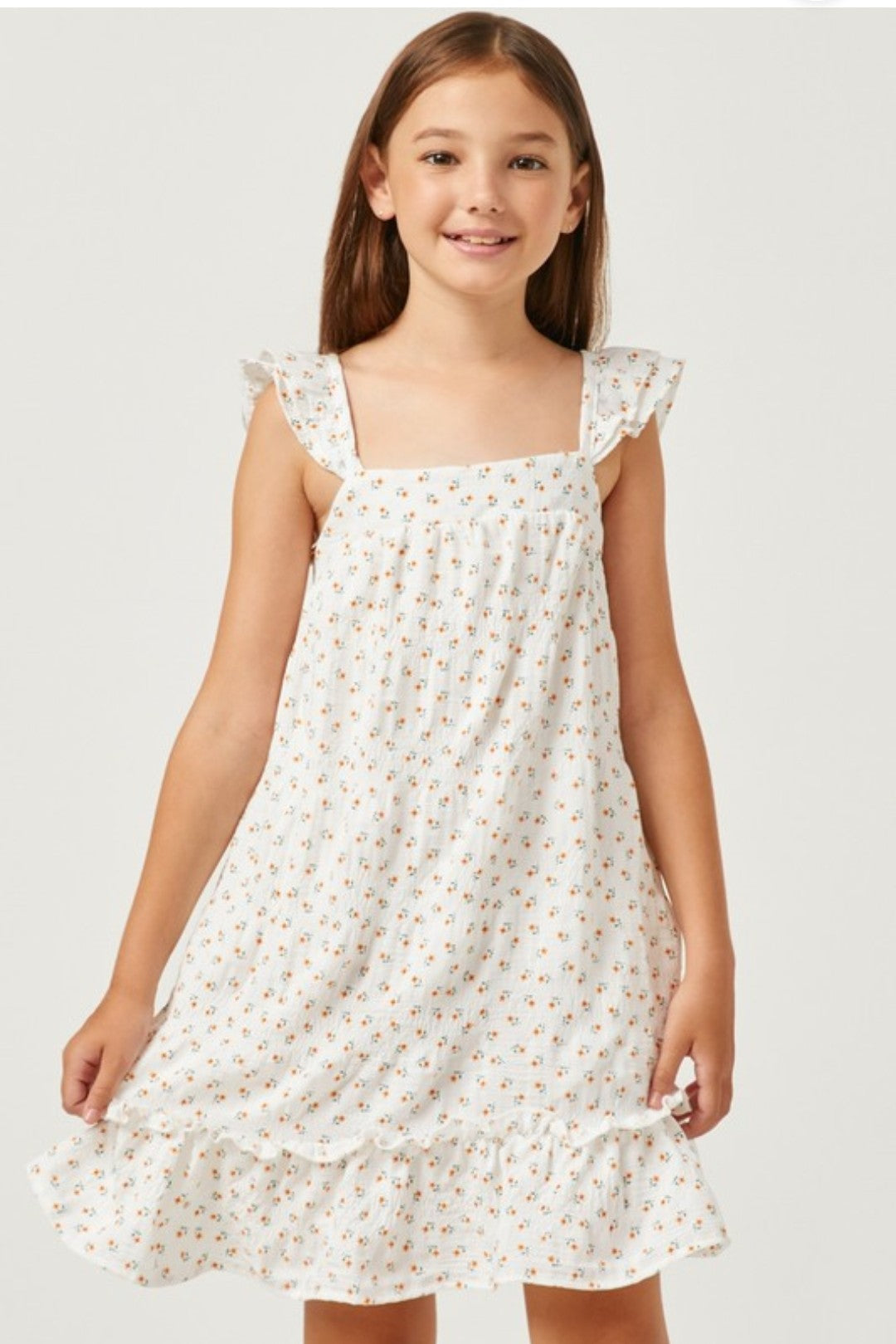 Girls Orange Floral Flutter Shoulder Ruffle Hem Dress