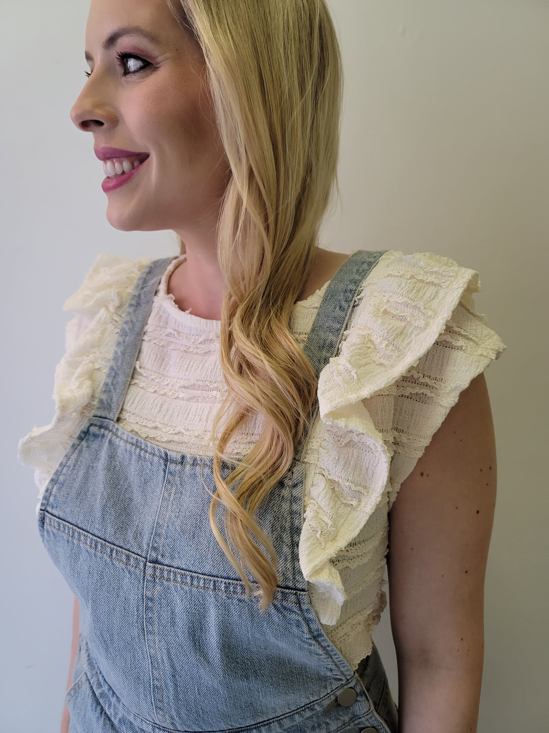 Light Washed Denim Button Strap Overalls
