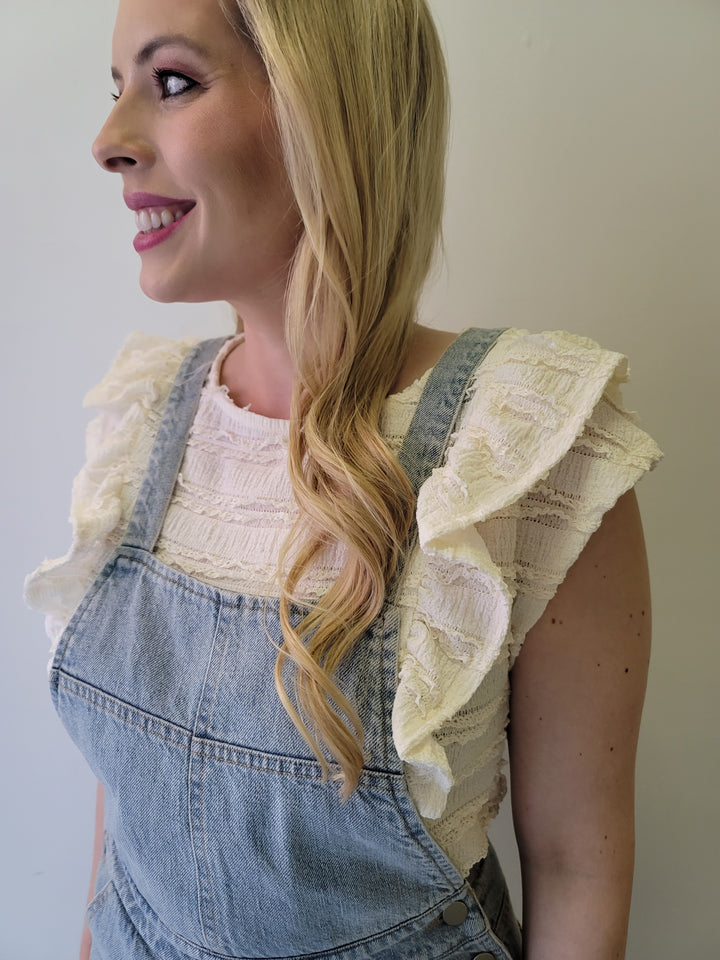 Light Washed Denim Button Strap Overalls