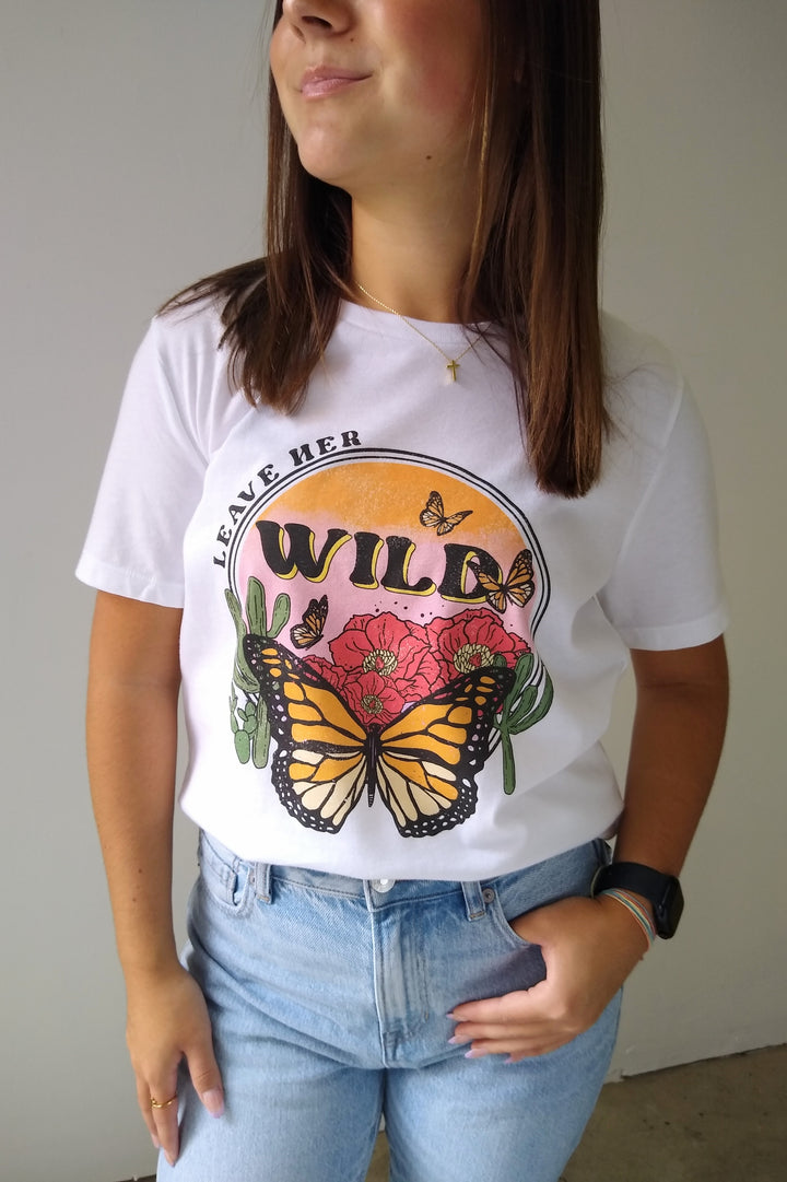 Leave Her Wild Butterfly White Graphic Tee