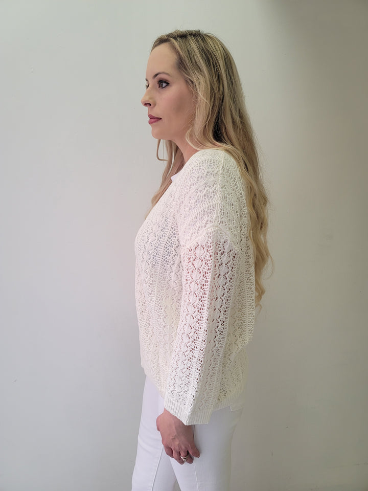 White Hollow Out Knit Drop Shoulder Cardigan