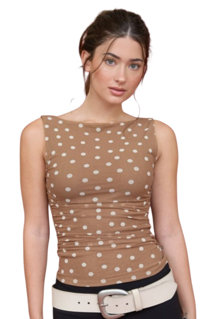 Brown Polka Dot Sleeveless Mesh Knit Top