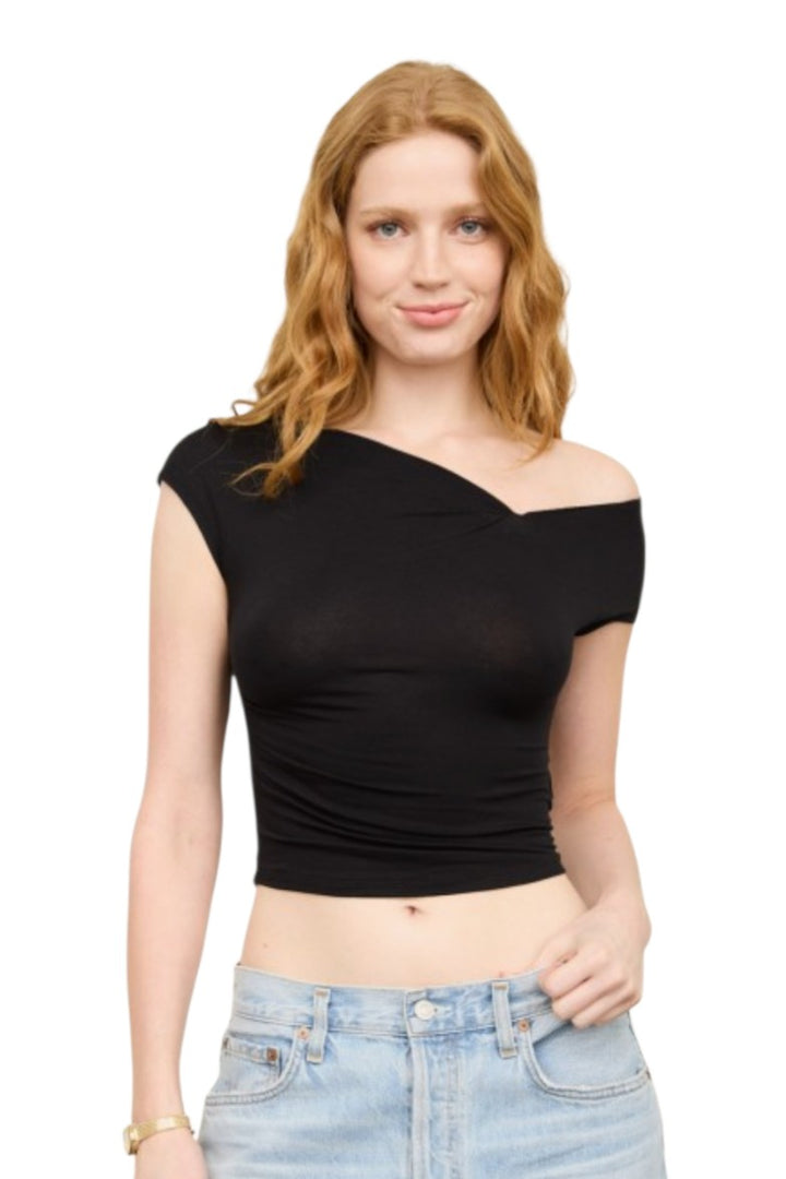 Black Asymmetrical Wrap Neckline Knit Top