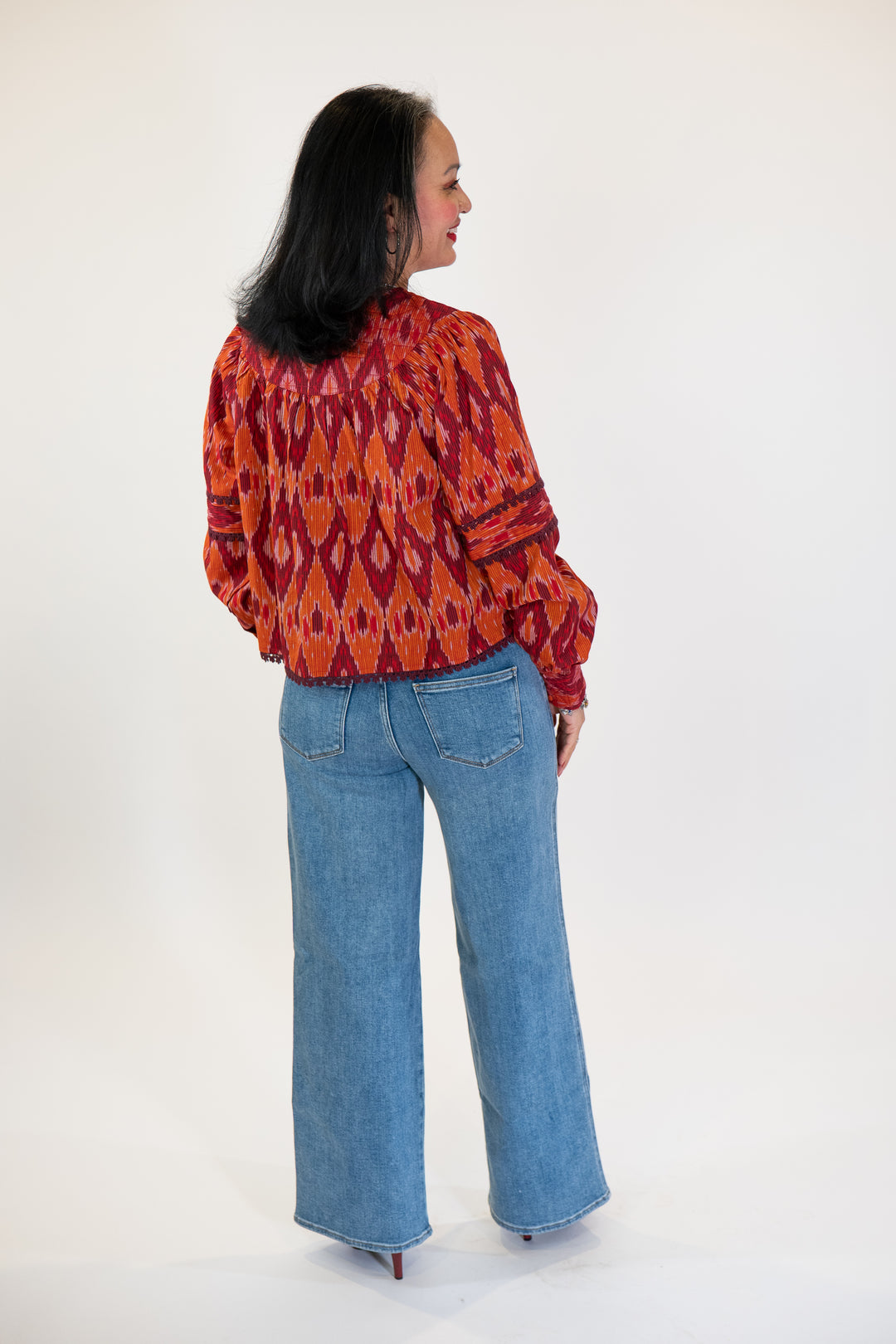 One Collective Spice Diamond Print Averno Quilted Yoke Blouse Top