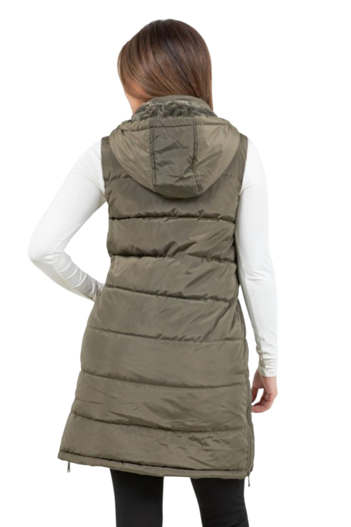 Olive Zip-Up Long Puffer Vest