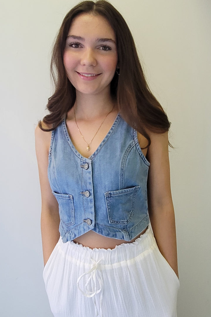 Hidden Light Wash Fitted Jean Vest