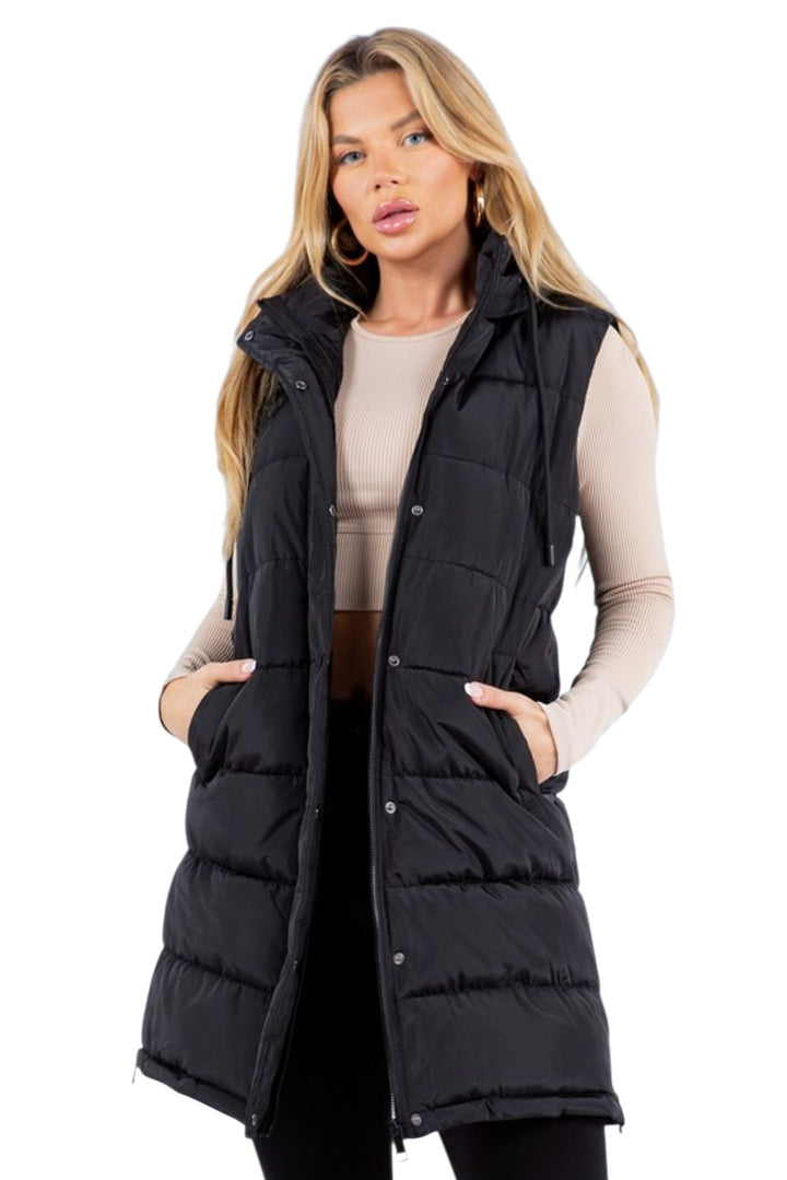 Black Zip-Up Long Puffer Vest