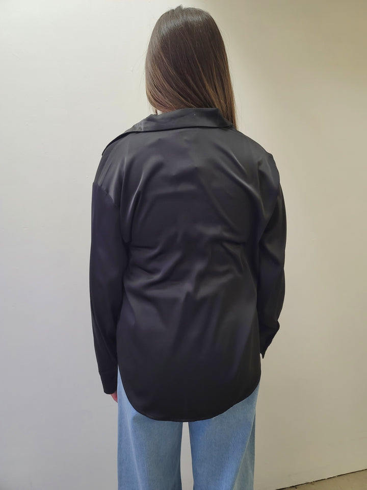 Black Button Down Satin Charmeuse Shirt