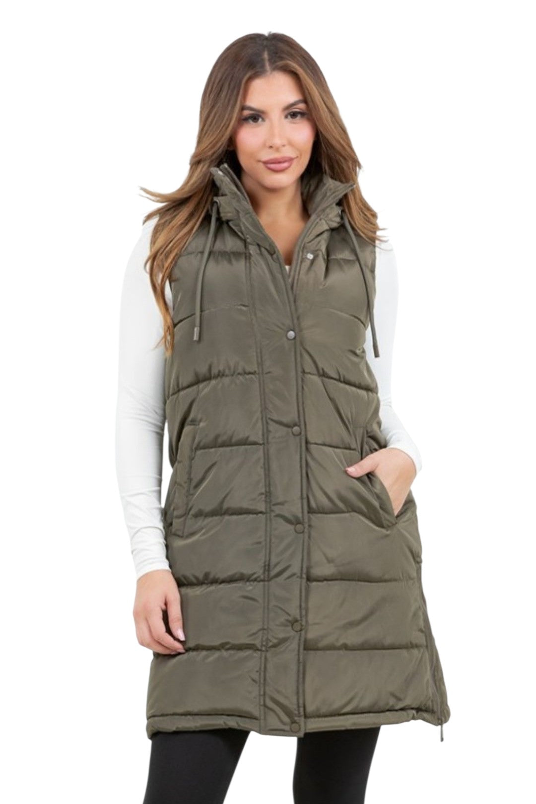 Olive Zip-Up Long Puffer Vest