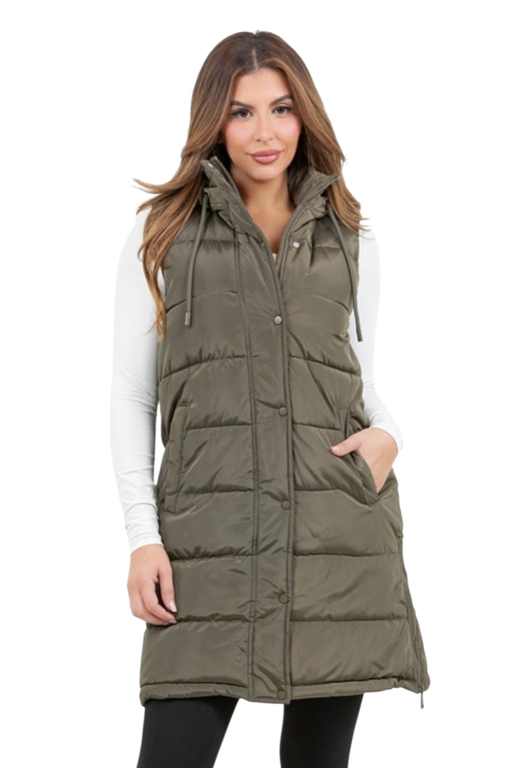 Olive Zip-Up Long Puffer Vest