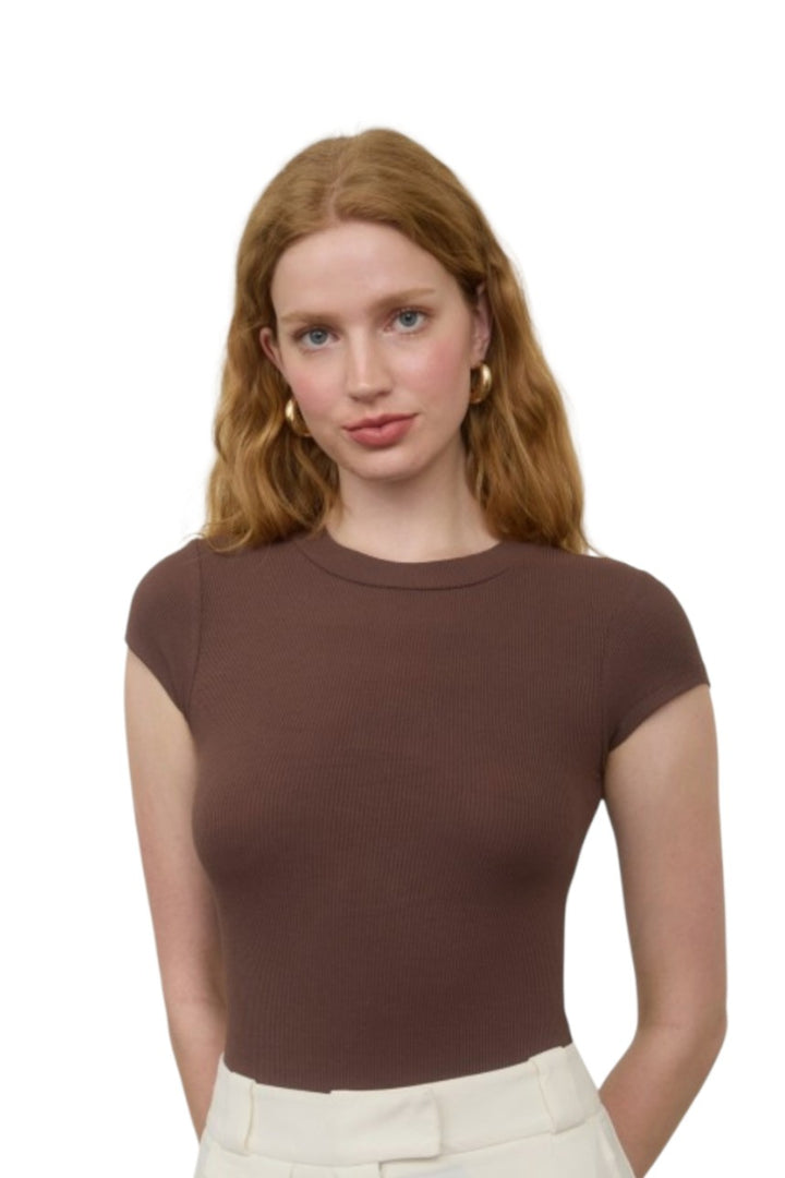 Brown Round Neck Short Sleeve Knit Bodysuit