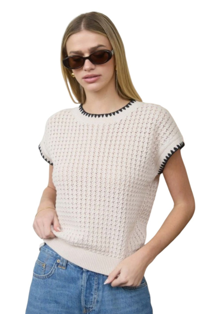 Cream Contrast Trim Short Sleeve Knit Sweater