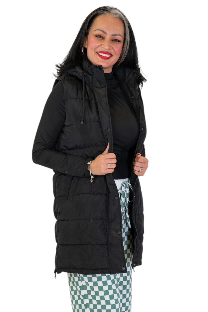 Black Zip-Up Long Puffer Vest