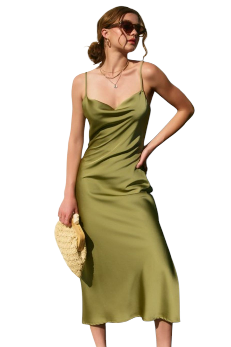 Sage Olive Satin Cowl Neck Midi Dress