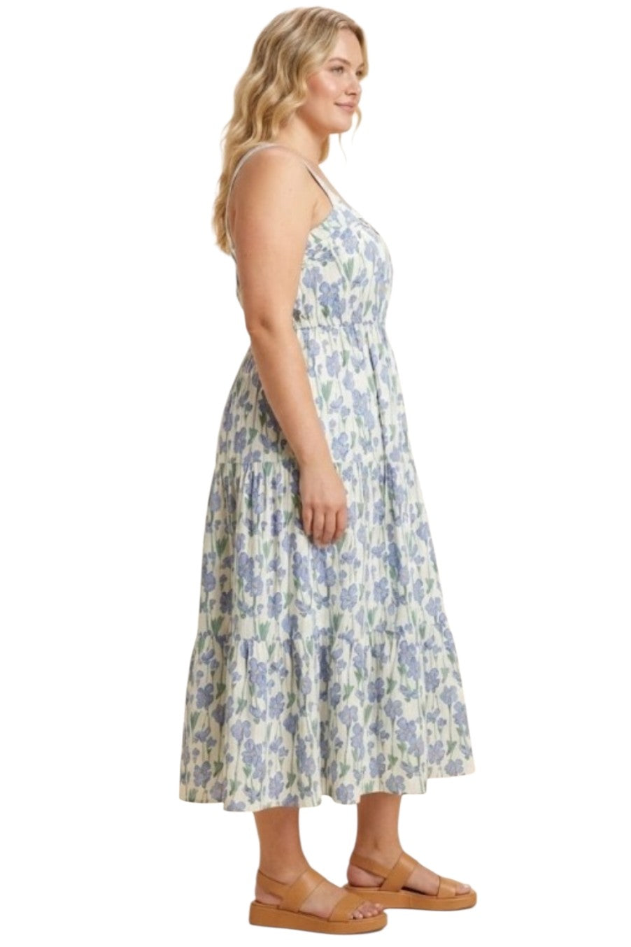 Blue Floral Pleated Poplin Midi Dress