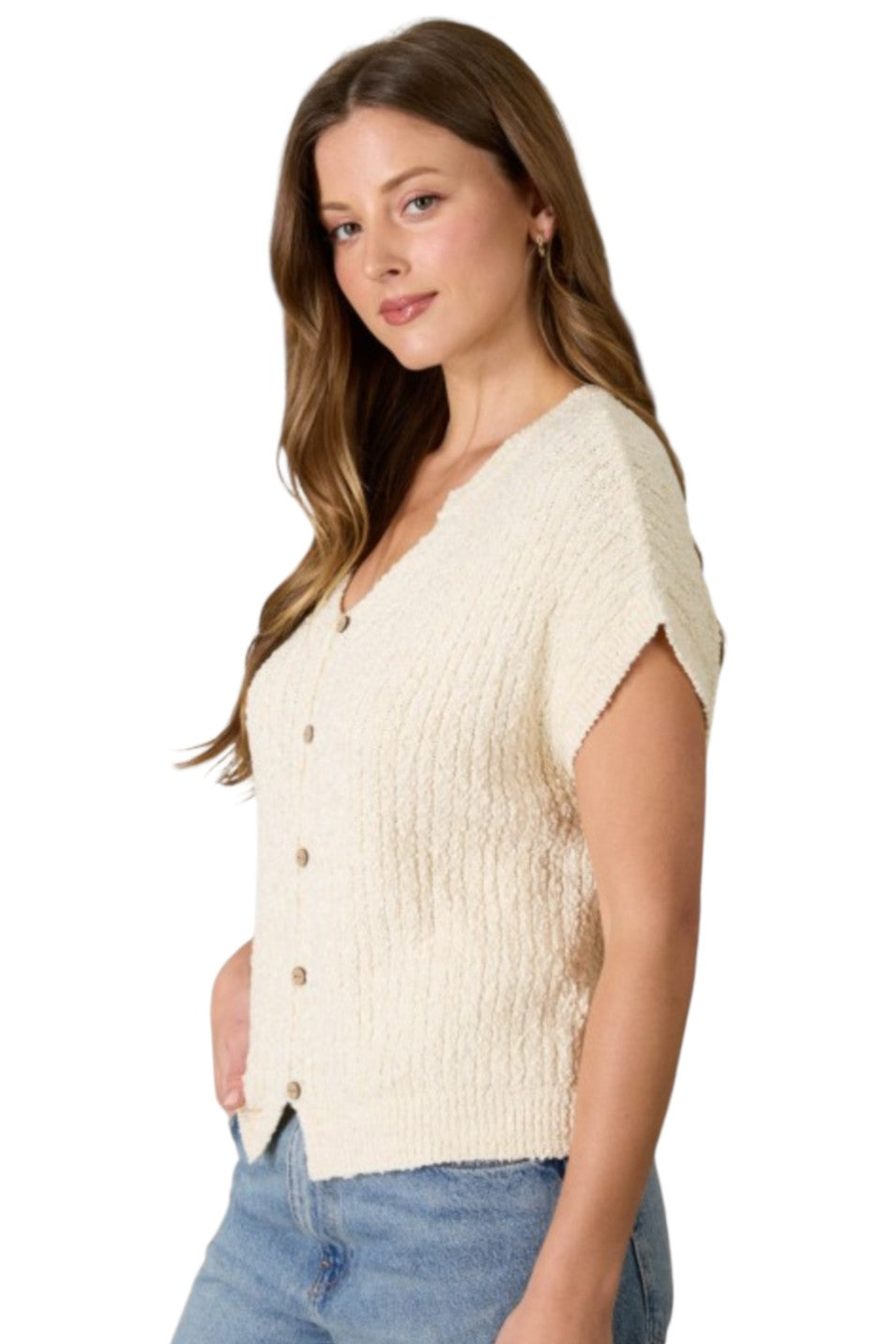 Cream Cozy Short Sleeve Button Down Knit Sweater