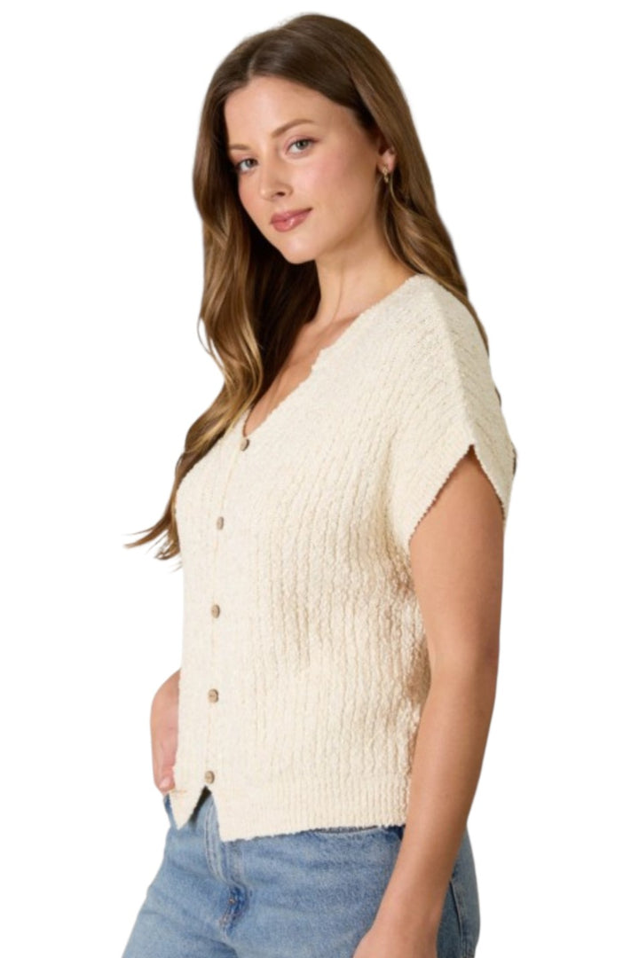 Cream Cozy Short Sleeve Button Down Knit Sweater