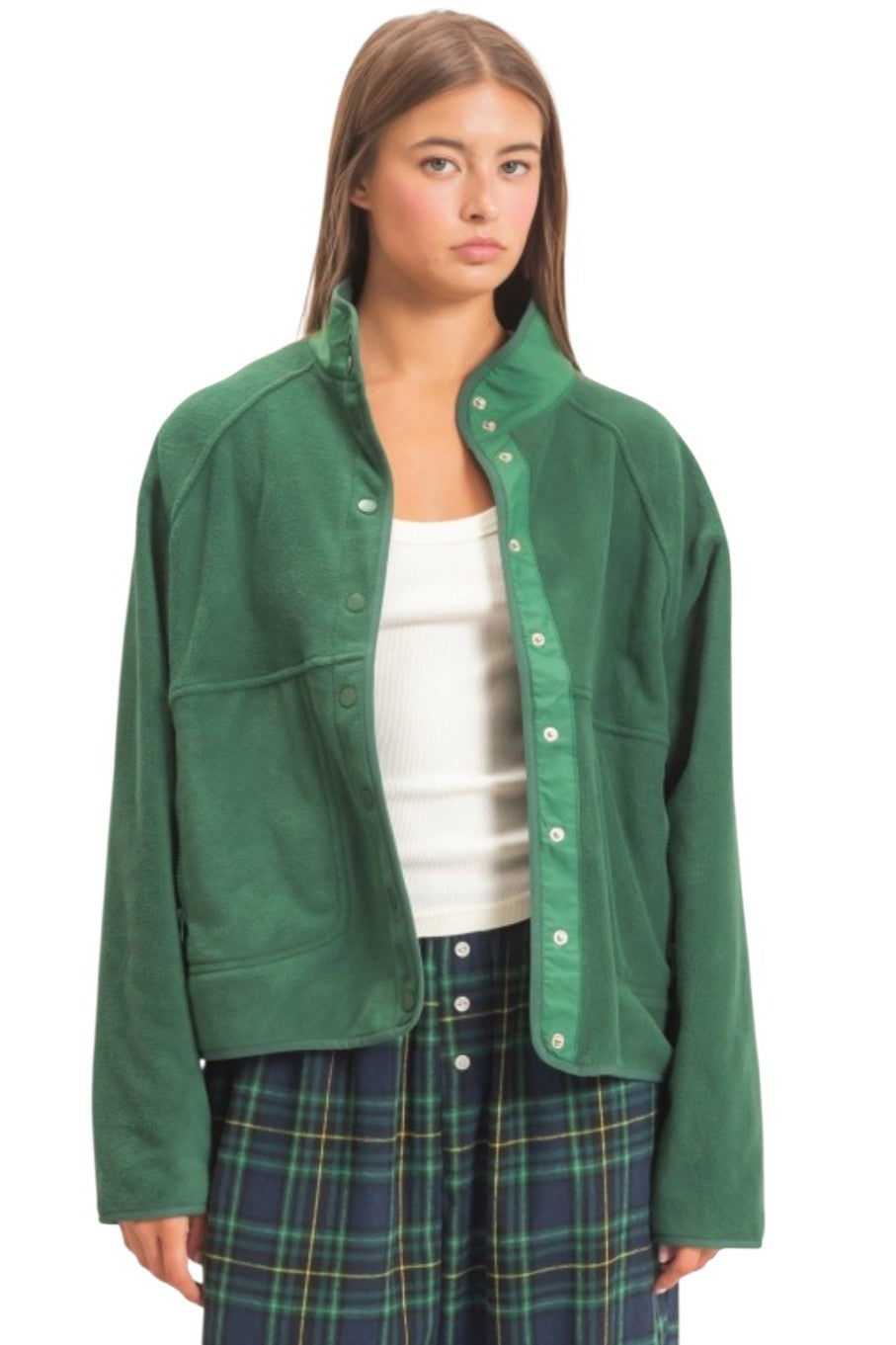 Green Mock Neck Fleece Button Jacket