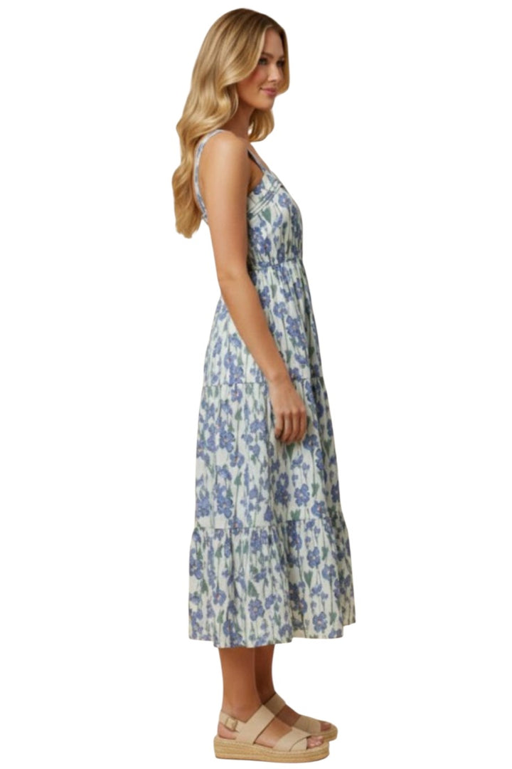 Blue Floral Pleated Poplin Midi Dress