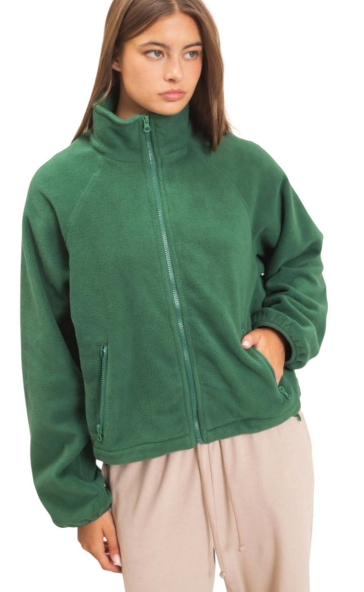 Green High Neck Fleece Zip Jacket