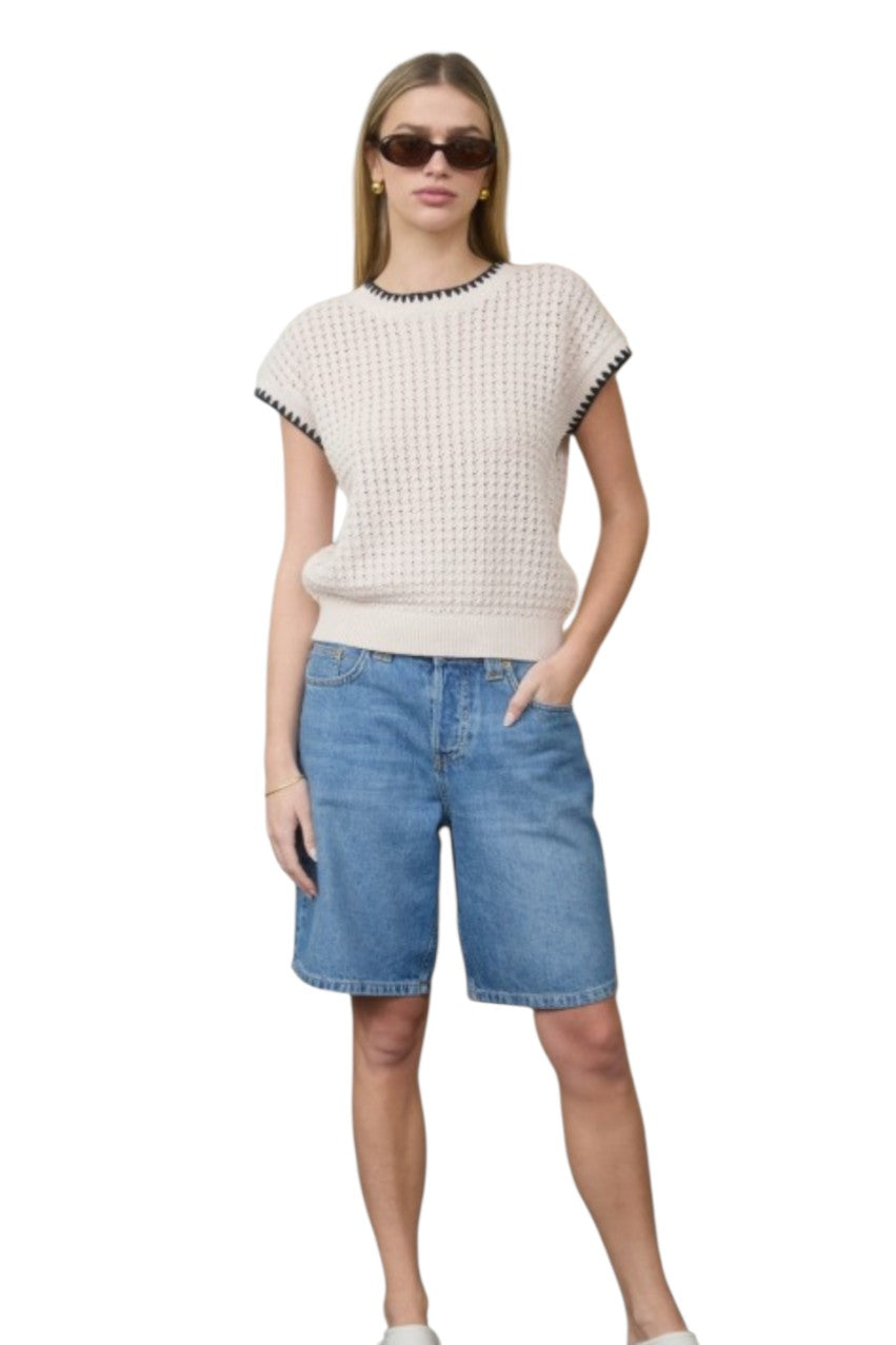Cream Contrast Trim Short Sleeve Knit Sweater