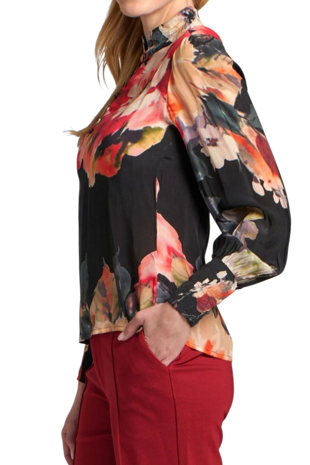 APNY Black Red Roses Puff Sleeve Blouse
