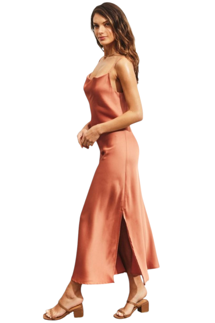 Sienna Rose Satin Cowl Neck Midi Dress