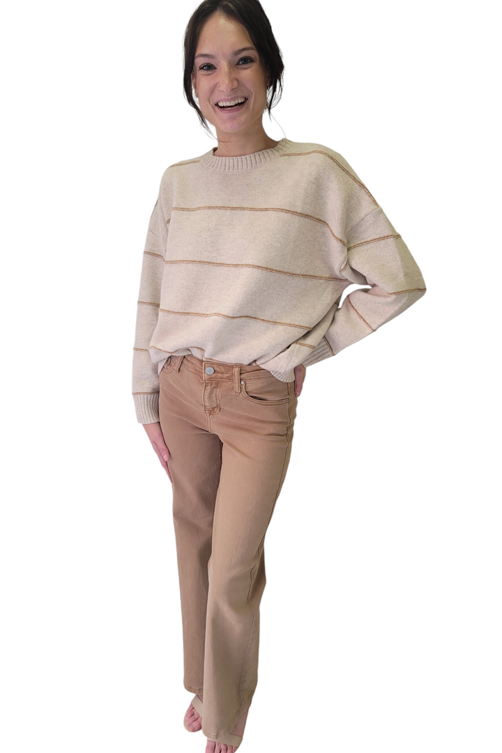 Taupe Multi Striped Pattern Drop Shoulder Sweater